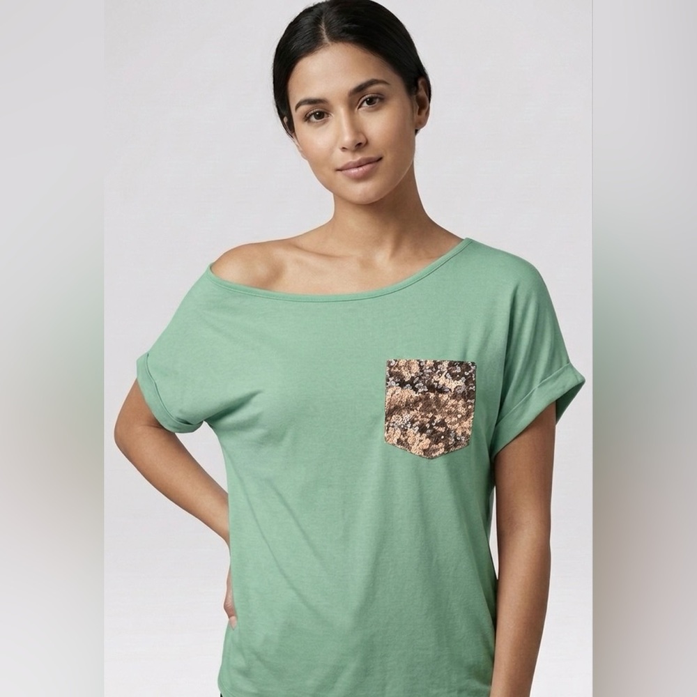 Off-The-Shoulder Sequined Pocket Tee - Green